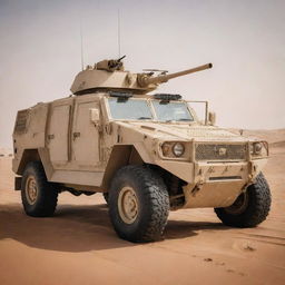 An armored Arabian military vehicle, adorned with traditional design elements, equipped with potent anti-tank weaponry, stationed in a sandy desert background.