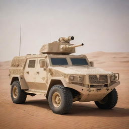 An armored Arabian military vehicle, adorned with traditional design elements, equipped with potent anti-tank weaponry, stationed in a sandy desert background.