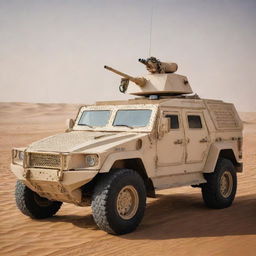 An armored Arabian military vehicle, adorned with traditional design elements, equipped with potent anti-tank weaponry, stationed in a sandy desert background.