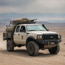 A rugged pickup truck retrofitted with heavy armor plating and equipped with high-tech anti-tank weaponry, parked on a dusty road with wilderness in the background.