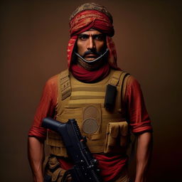 A Hollywood-style kidnapper commander adorned in Indian attire and paired with a bullet-proof vest, forming a unique blend of culture and menace.