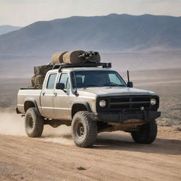 A rugged pickup truck retrofitted with heavy armor plating and equipped with high-tech anti-tank weaponry, parked on a dusty road with wilderness in the background.