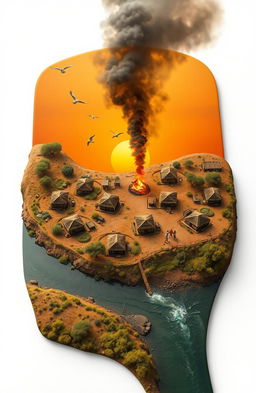 An aerial view of a vibrant scene depicting a 3D A5 size landscape featuring a river flowing from the bottom left corner of the canvas