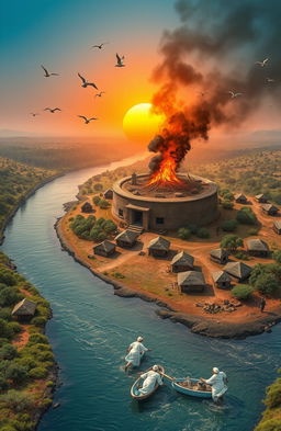 An aerial view of a vibrant scene depicting a 3D A5 size landscape featuring a river flowing from the bottom left corner of the canvas