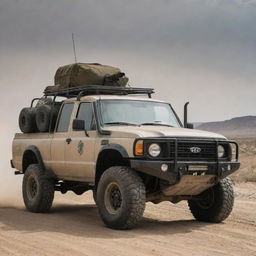 A rugged pickup truck retrofitted with heavy armor plating and equipped with high-tech anti-tank weaponry, parked on a dusty road with wilderness in the background.