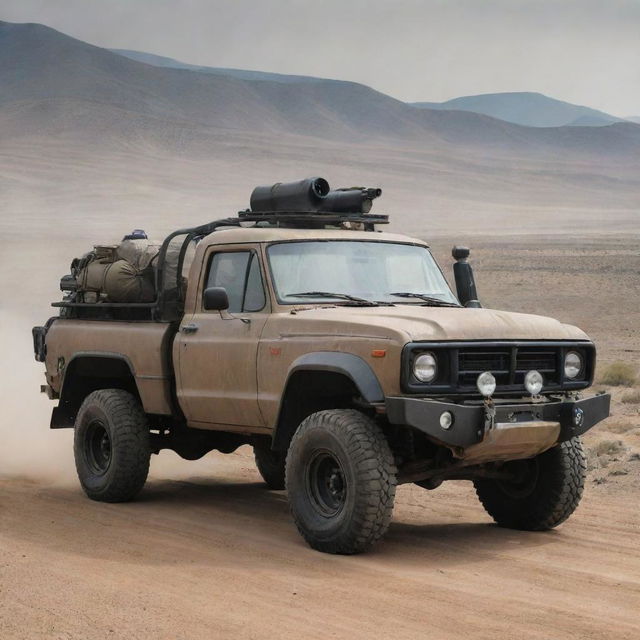 A rugged pickup truck retrofitted with heavy armor plating and equipped with high-tech anti-tank weaponry, parked on a dusty road with wilderness in the background.