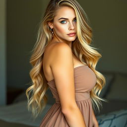 A beautiful woman with large breasts, long wavy shiny blonde hair that flows down to her back