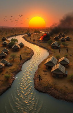 An aerial view of a landscape featuring a 3D A5 size representation of a river flowing from the bottom left of the canvas