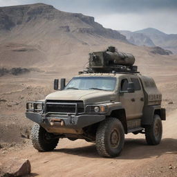 A robust and armored pickup truck boasting state-of-the-art anti-tank weaponry, standing majestically in a rugged landscape.