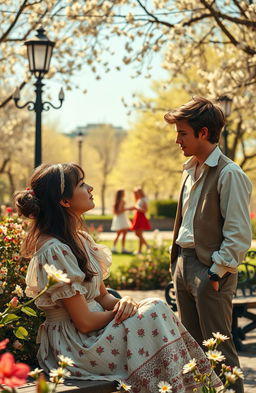 A vintage-inspired scene depicting a young woman in a 1970s bohemian dress, sitting in a sunlit park filled with blossoming flowers