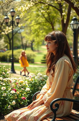 A vintage-inspired scene depicting a young woman in a 1970s bohemian dress, sitting in a sunlit park filled with blossoming flowers