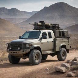 A robust and armored pickup truck boasting state-of-the-art anti-tank weaponry, standing majestically in a rugged landscape.