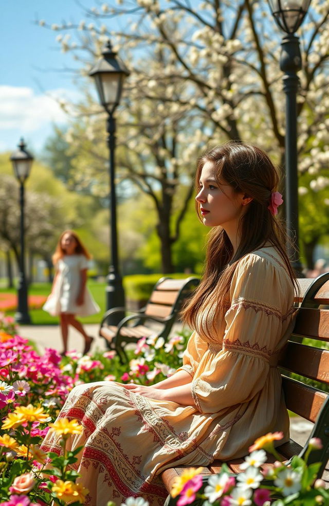 A vintage-inspired scene depicting a young woman in a 1970s bohemian dress, sitting in a sunlit park filled with blossoming flowers