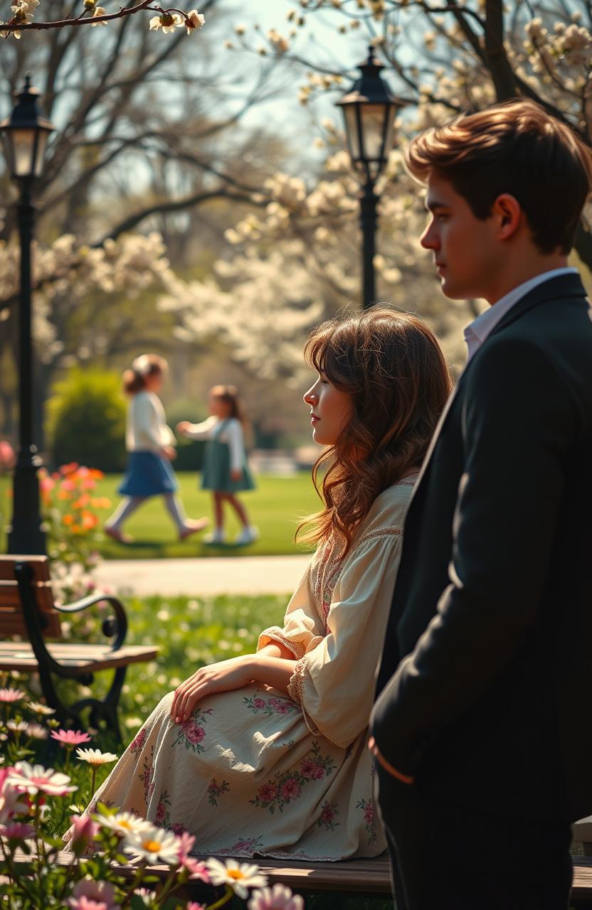 A vintage-inspired scene depicting a young woman in a 1970s bohemian dress, sitting in a sunlit park filled with blossoming flowers