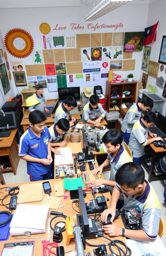 A vibrant classroom scene depicting students engaged in Technical and Vocational Education and Training (TVET) in Malaysia