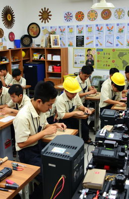 A vibrant classroom scene depicting students engaged in Technical and Vocational Education and Training (TVET) in Malaysia