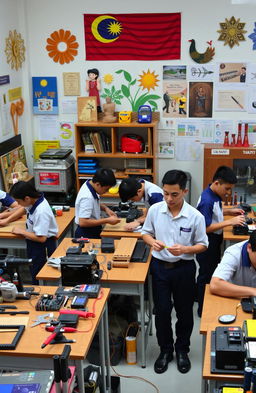 A vibrant classroom scene depicting students engaged in Technical and Vocational Education and Training (TVET) in Malaysia