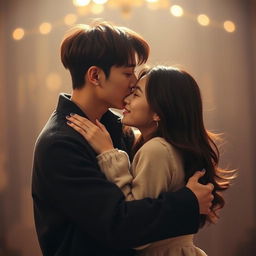 A romantic scene featuring Taehyung, highlighting his heart-shaped face with a wide forehead that tapers down to a defined chin