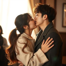 A romantic scene featuring Taehyung, highlighting his heart-shaped face with a wide forehead that tapers down to a defined chin