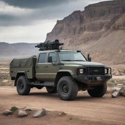 A robust and armored pickup truck boasting state-of-the-art anti-tank weaponry, standing majestically in a rugged landscape.