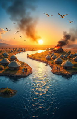 An aerial view panorama of a scenic landscape featuring a 3D A5 size depiction of a river flowing from the bottom left of the canvas