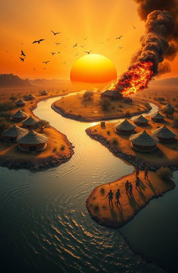 An aerial view panorama of a scenic landscape featuring a 3D A5 size depiction of a river flowing from the bottom left of the canvas