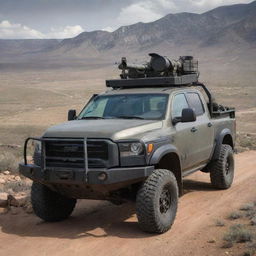 A robust and armored pickup truck boasting state-of-the-art anti-tank weaponry, standing majestically in a rugged landscape.