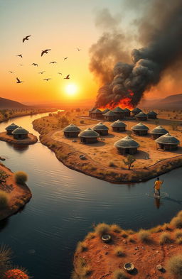 An aerial view panorama of a scenic landscape featuring a 3D A5 size depiction of a river flowing from the bottom left of the canvas