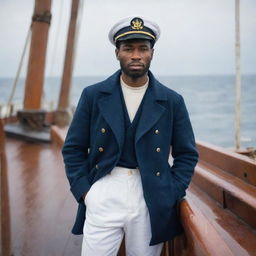 A sailor in the midst of his duties on a ship. He is weather-beaten with a stern yet confident look on his face. His attires are traditional, complete with a sailor hat, blue coat, and white pants.