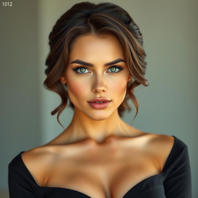 A beautiful woman with large breasts, dark brown wavy hair that falls neatly to her shoulders