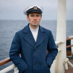 A sailor in the midst of his duties on a ship. He is weather-beaten with a stern yet confident look on his face. His attires are traditional, complete with a sailor hat, blue coat, and white pants.