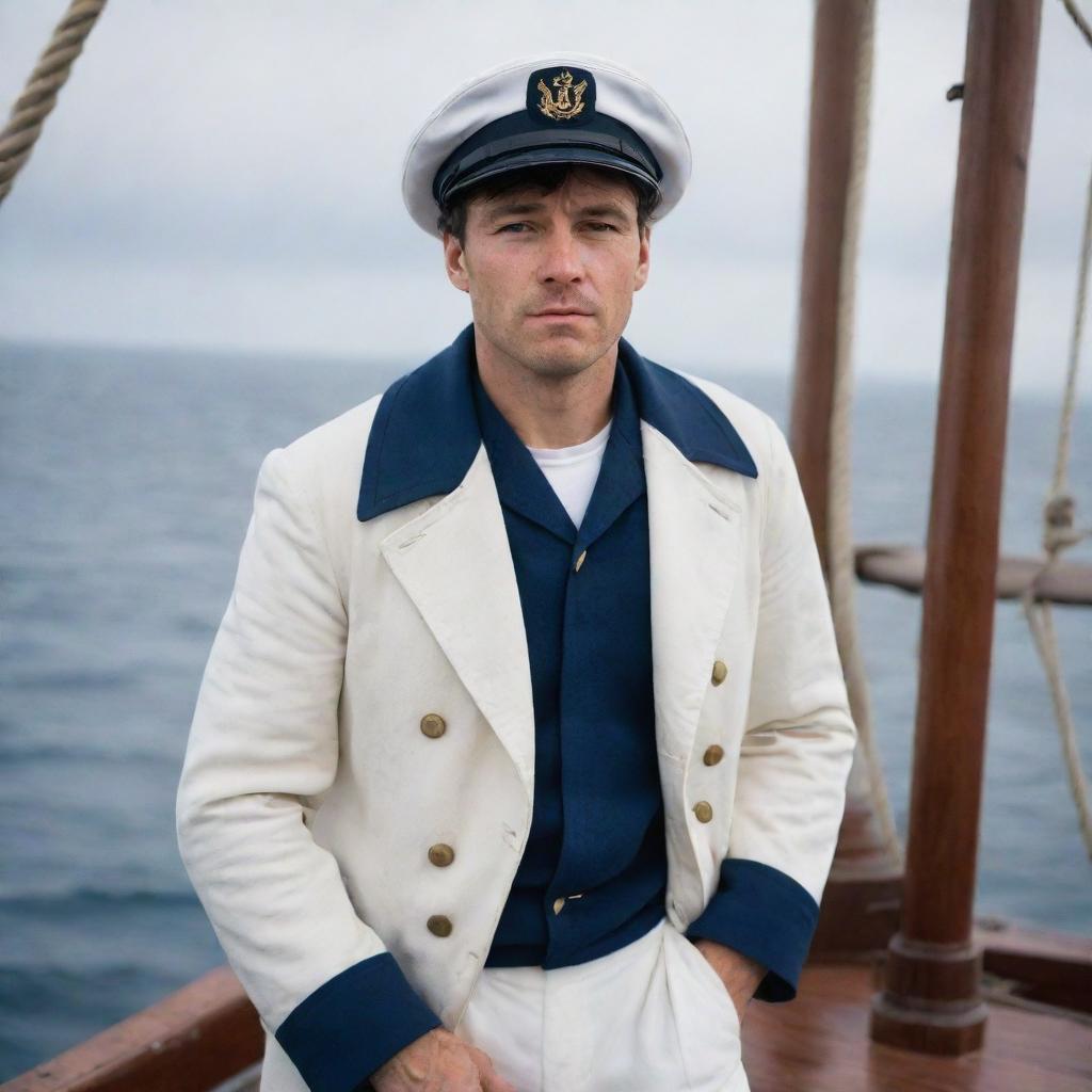 A sailor in the midst of his duties on a ship. He is weather-beaten with a stern yet confident look on his face. His attires are traditional, complete with a sailor hat, blue coat, and white pants.