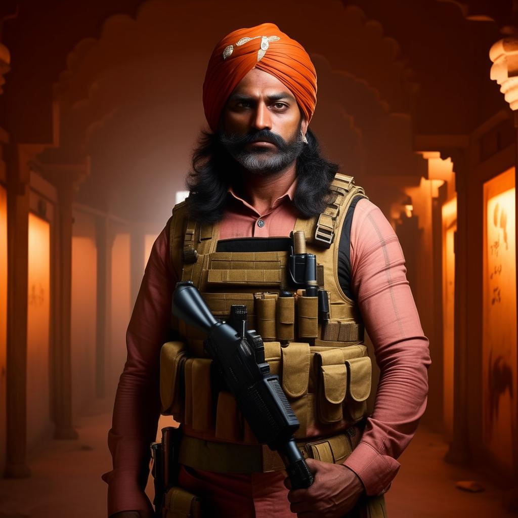 A Hollywood-style kidnapper commander adorned in Indian attire and paired with a bullet-proof vest, forming a unique blend of culture and menace.