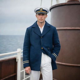 A sailor in the midst of his duties on a ship. He is weather-beaten with a stern yet confident look on his face. His attires are traditional, complete with a sailor hat, blue coat, and white pants.