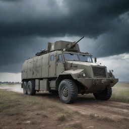 A large, formidable armored truck fitted with powerful anti-tank weaponry, situated in an imposing battlefield setting under a stormy sky.