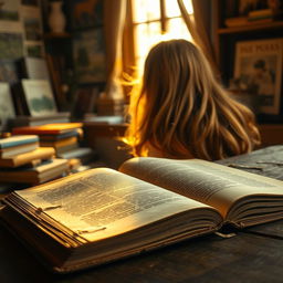 An old, weathered book lying open on a rustic wooden table