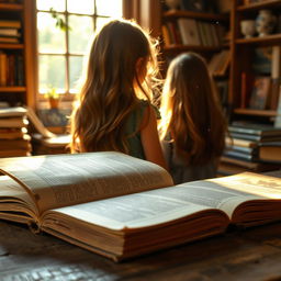 An old, weathered book lying open on a rustic wooden table