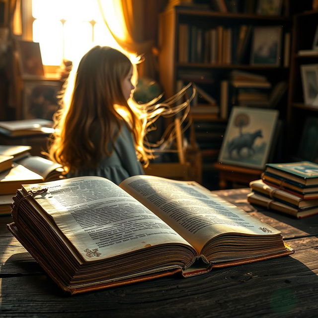 An old, weathered book lying open on a rustic wooden table