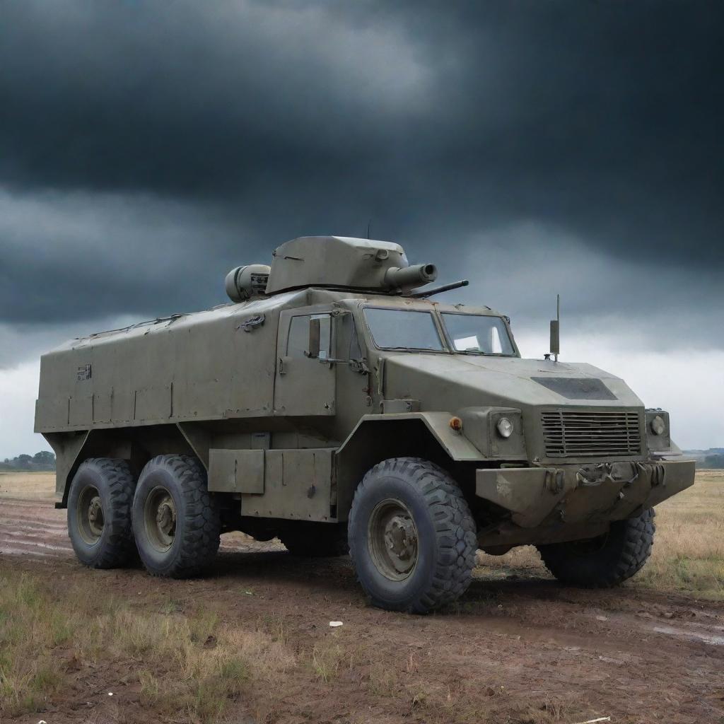 A large, formidable armored truck fitted with powerful anti-tank weaponry, situated in an imposing battlefield setting under a stormy sky.