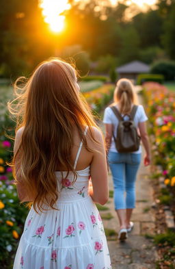 A woman with long flowing hair wearing a beautiful summer dress, standing in a picturesque garden, gazes thoughtfully at the back of another woman