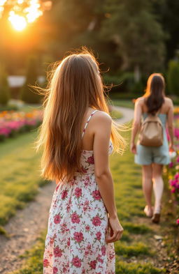 A woman with long flowing hair wearing a beautiful summer dress, standing in a picturesque garden, gazes thoughtfully at the back of another woman