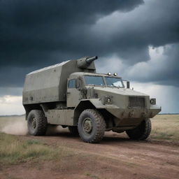 A large, formidable armored truck fitted with powerful anti-tank weaponry, situated in an imposing battlefield setting under a stormy sky.