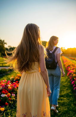 A woman with long flowing hair wearing a beautiful summer dress, standing in a picturesque garden, gazes thoughtfully at the back of another woman