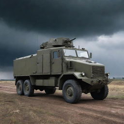 A large, formidable armored truck fitted with powerful anti-tank weaponry, situated in an imposing battlefield setting under a stormy sky.