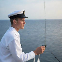 Revise the previous scene to show the sailor looking out onto the ocean, holding a fishing rod and focussing intently on the waters below. His face reflects anticipation and patience.