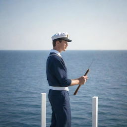 Revise the previous scene to show the sailor looking out onto the ocean, holding a fishing rod and focussing intently on the waters below. His face reflects anticipation and patience.