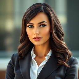 A beautiful woman with large breasts, dark brown wavy hair styled neatly to her shoulders