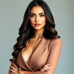 A beautiful woman with large breasts, dark brown wavy hair styled neatly to her shoulders