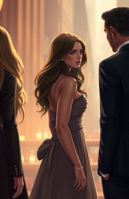 A scene depicting a woman with long, flowing hair wearing an elegant dress, gazing thoughtfully at the back of a man in a sharp suit on the right