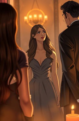 A scene depicting a woman with long, flowing hair wearing an elegant dress, gazing thoughtfully at the back of a man in a sharp suit on the right